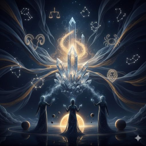 Merkezinde yükselen devasa kristal kütleleri, çevresinde parlayan burç takımyıldızları ve bu enerjiye odaklanmış üç ruhsal figürün yer aldığı, derin lacivert ve altın ışık tonlarında mistik 'Burçların Enleri' kapak illüstrasyonu.