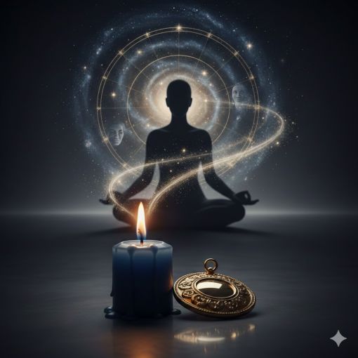 Ön planda yanan lacivert bir mum ve altın bir madalyonun yer aldığı, arka planda ise kozmik bir enerji sarmalı içinde meditasyon yapan bir silüetin ve geçmişin izlerini temsil eden silik yüzlerin betimlendiği mistik geri dönüş ve kadersel bağlar illüstrasyonu.