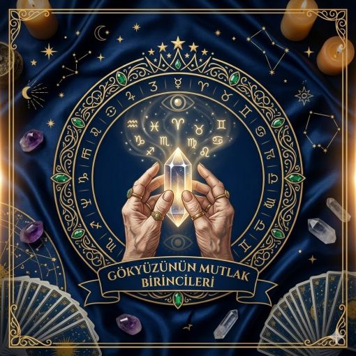 Mistik Fal Dünyası Burçların Gizli Zirvesi; lacivert zemin üzerinde altın işlemeli bir daire içinde parlayan kristal tutan eller ve yükselen burç sembolleri ile gökyüzünün mutlak birincileri.
