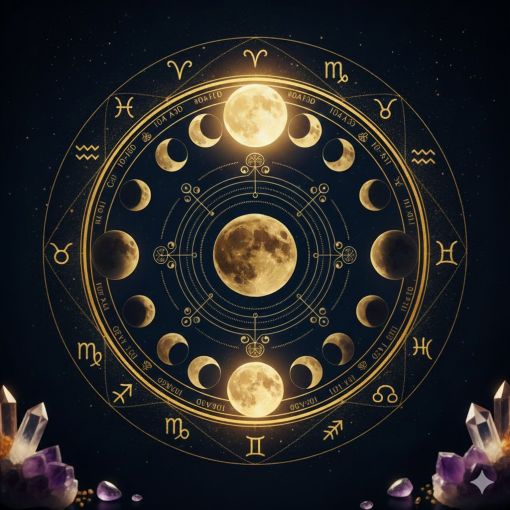  Lacivert ve altın renkli kozmik ay fazları çarkı ile 12 burç sembolünü içeren lüks astroloji ve aylık burç yorumları görseli.