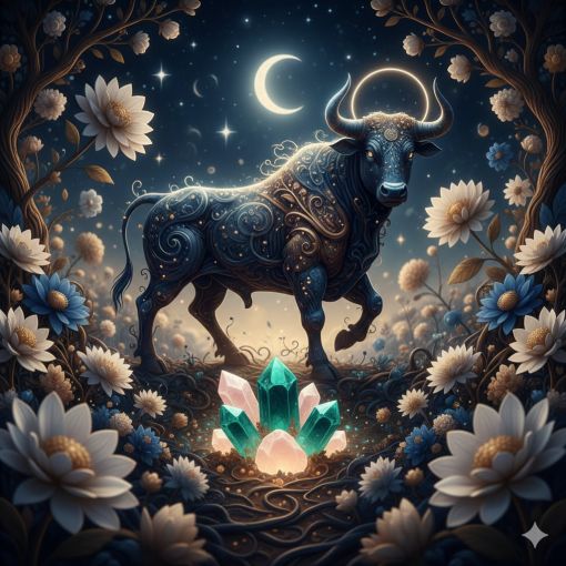 Mistik çiçeklerle çevrili, altın işlemeli Boğa burcu figürü ve bereket enerjisini temsil eden dev kuvars kristalleri ile ay ışığı altında sanatsal astroloji illüstrasyonu.