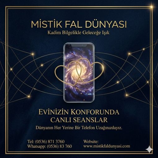  Lacivert arka plan üzerinde 'Mistik Fal Dünyası' logosu ve altın sarısı yazılarla 'Evlerin Konforunda Canlı Seanslar' sloganı; merkezde parlayan bir evren illüstrasyonu içeren akıllı telefon figürü ve dumanlı kalp sembolleri ile online astroloji ve fal hizmeti tanıtım görseli.
