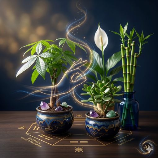  Görsel alt metni: Feng Shui bitkileri Pachira aquatica (Para Ağacı) ve Crassula ovata (Yeşim Bitkisi) ile şans bambusu, mavi seramik saksılarda ve ahşap zemin üzerindeki bir pusula deseninde, mistik bir enerji akışı ve 