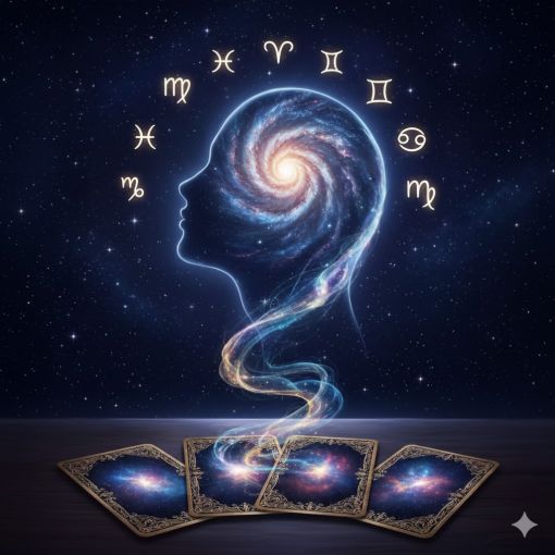  Mistik Fal Dünyası Haftalık Tarot Burç Yorumu: Kozmik Galaksi Silüeti ve Zodyak Sembolleri Eşliğinde Masada Açılmış Dört Tarot Kartı ile Spiritüel Rehberlik Görseli.
