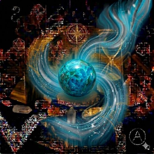  Kadim, oyma desenli koyu ahşap bir masanın üzerinde, altın işlemeli derin lacivert kadife bir örtünün tam ortasında duran, Krizokol (Chrysocolla) kristalinden yapılmış, karakteristik karmaşık uçuk turkuaz, cam göbeği, nane yeşili, kobalt mavisi ve soluk kahverengi inklüzyonlar barındıran, yarı saydam, ipeksi-mumsu bir parlaklığa ve karmaşık, girdaplı bir iç dokuya sahip 'İfade Küresi'. Kürenin bilge turkuaz gövdesinden yükselen, mistik bir tütsü dumanı gibi zarifçe kıvrılan ipeksi elektrik mavisi, gümüşi beyaz ve dumanlı turkuaz mistik enerji hüzmeleri, hemen arkasındaki antik cam kumsaatiyle bütünleşiyor. Kumsaatinin içinden akan altın yaldızlı kumlar, bu dürüst ifadeyi, bilgeliği ve kalp çakrası şifasını temsil eden asil akışla sarmalanmış. Masanın solunda şeffaf kristal kuvars piramitleri ve altın parıltılı kaplan gözü kütleleri, sağında ise ham ametist parçaları dağınık bir mistik kompozisyon oluşturuyor. Sol üst köşede parıldayan altın bir Aslan burcu sembolü ve arka planda altın yıldız haritaları kozmik bir atmosfer yaratıyor. Sağ alt köşede, zarif bir altın stant üzerinde duran bu özel Krizokol küresinin önünde dairesel, minimalist, zarif bir dijital AI sanat imza sembolü (A) ve markanın lüks estetiği entegre edilmiş. Görsel, profesyonel sinematik ışıklandırma ve derin bokeh efekti ile mistik, rüya gibi, asil ve sofistike bir 'yaşayan tablo' atmosferine sahip, 1024x1024 kare formatında bir dijital sanat çalışması. Bu görsel, 'Mistik Zaman Masası: Krizokol İfadesi'nin imza eseridir.