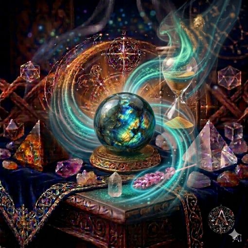 Kadim, oyma desenli koyu ahşap bir masanın üzerinde, altın işlemeli derin lacivert kadife bir örtünün tam ortasında duran, mistik ve yanardöner bir Labradorit (Labradorite) kristal küresi. Kürenin koyu gri ve gece mavisi bazlı pürüzsüz yüzeyinden, içten gelen bir ışıkla parlayan elektrik mavisi, zümrüt yeşili ve altın sarısı Aurora (Kuzey Işıkları) yansımaları yükseliyor. Bu büyüleyici küreden çıkan dumanlı elektrik mavisi ve yumuşak turkuaz enerji hüzmeleri, zarifçe kıvrılarak hemen arkasındaki antik cam kumsaatiyle bütünleşiyor. Kumsaatinin içinden akan altın yaldızlı kumlar, bu mistik vizyon enerjisiyle sarmalanmış. Masanın solunda şeffaf kristal kuvars piramitleri ve ham kaplan gözü kütleleri, sağında ise ham ametist ve kuvars parçaları dağınık bir mistik kompozisyon oluşturuyor. Arka planda tüten mistik tütsüler, parıldayan altın yıldız haritası detayları, astrolojik semboller ve karmaşık geometrik enerji desenleriyle bütünleşerek kozmik bir atmosfer yaratıyor. Sağ alt köşede, zarif bir altın stant üzerinde duran bu özel Labradorit küresinin önünde dairesel, minimalist, zarif bir dijital AI sanat imza sembolü (A) ve markanın lüks estetiği entegre edilmiş. Görsel, profesyonel sinematik ışıklandırma ve derin bokeh efekti ile mistik ve sofistike bir 'yaşayan tablo' atmosferine sahip, 1024x1024 kare formatında bir dijital sanat çalışması. Bu görsel, 'Mistik Zaman Masası: Labradorit Ruhu'nun imza eseridir.