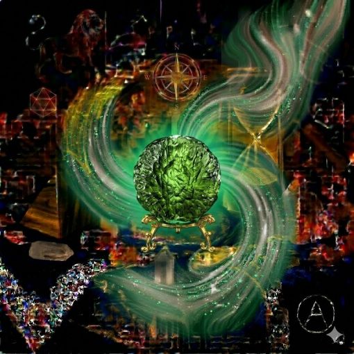  Kadim, oyma desenli koyu ahşap bir masanın üzerinde, altın işlemeli derin lacivert kadife bir örtünün tam ortasında duran, Moldavit (Moldavite / Tektit) kristalinden yapılmış, karakteristik canlı yosun yeşili, zümrüt yeşili ve koyu orman yeşili tonlarında, yarı saydam ve cam benzeri bir parlaklığa sahip 'Dönüşüm Küresi'. Kürenin yüzeyi, taşın göktaşı kökenli oluşumunu simgeleyen, derin oyuklu, pürüzlü ve girdaplı bir 'akışkan' dokuya sahip. Kürenin vibrant yeşil gövdesinden yükselen, mistik bir tütsü dumanı gibi zarifçe kıvrılan parlak floresan yeşili, elektrik sarısı ve gümüşi beyaz mistik enerji hüzmeleri, hemen arkasındaki antik cam kumsaatiyle bütünleşiyor. Kumsaatinin içinden akan altın yaldızlı kumlar, bu hızlı dönüşümü, ruhsal uyanışı ve evrensel bağlantıyı temsil eden yüksek frekanslı akışla sarmalanmış. Masanın solunda şeffaf kristal kuvars piramitleri, sağında ise ham mineral parçaları dağınık bir mistik kompozisyon oluşturuyor. Sol üst köşede parıldayan altın bir Aslan burcu sembolü ve arka planda altın yıldız haritaları kozmik bir atmosfer yaratıyor. Sağ alt köşede, zarif bir altın stant üzerinde duran bu özel Moldavit küresinin önünde dairesel, minimalist, zarif bir dijital AI sanat imza sembolü (A) yer alıyor. Görsel, profesyonel sinematik ışıklandırma ve derin bokeh efekti ile mistik, enerjik, düny dışı ve sofistike bir 'yaşayan tablo' atmosferine sahip, 1024x1024 kare formatında bir dijital sanat çalışmasıdır. Bu görsel, 'Mistik Zaman Masası: Moldavit Dönüşümü'nün imza eseridir.