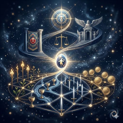 Bu lüks ve mistik sanatsal görsel, tarotun kozmik evrenini tek bir karede birleştiriyor. Kozmik bir galaksi fonunda, Major Arcana (Büyük Arkana) ve Minor Arcana'nın (Küçük Arkana) sembolik elementleri, gizemli bir akışla bir araya geliyor. Merkezde, The Fool'un (Mecnun) ışık saçan kozmik yumurtası, her iki yolculuğun da başlangıç noktasını oluşturuyor. Görselin üst kısmında, Major Arcana'nın figürleri kozmik bir sarmal üzerinde yükseliyor: The High Priestess'ın (Azize) iki sütun arasındaki nar işlemeli perdesi, Justice'in (Adalet) dengeli terazisi ve Judgement'ın (Mahşer) kanatlı meleği gibi ikonik figürler, mistik bir lüks estetiğiyle yeniden yorumlanmış. Altta ise Minor Arcana'nın dört elementi, geometrik bir ızgara üzerinde dizili: Değnekler (Wands), Kupalar (Cups), Kılıçlar (Swords) ve Pentakllar (Pentacles), her biri kendi enerjisini temsil eden sembollerle bezeli. Renk paleti, derin lacivert (#001A3D) ve koyu altın (#B8860B) tonlarının hâkim olduğu kozmik bir dokuyla, mistik ve şık bir atmosfer sunuyor. Görselin sağ alt köşesinde ise, 
