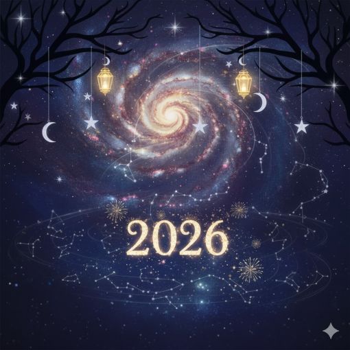  Mistik lacivert galaksi arka planı üzerinde parlayan altın rengi 2026 rakamları, yıldız takımları, asılı fenerler ve spiralli nebula içeren astrolojik yeni yıl kutlama tasarımı.